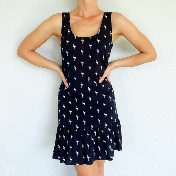 Banana Republic black flamingo print sleeveless ruffle hem shift dress size 2 - Picture 1 of 6